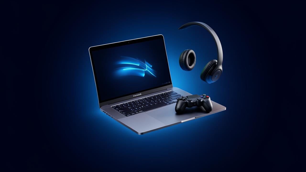 Laptop, game controller and headphones